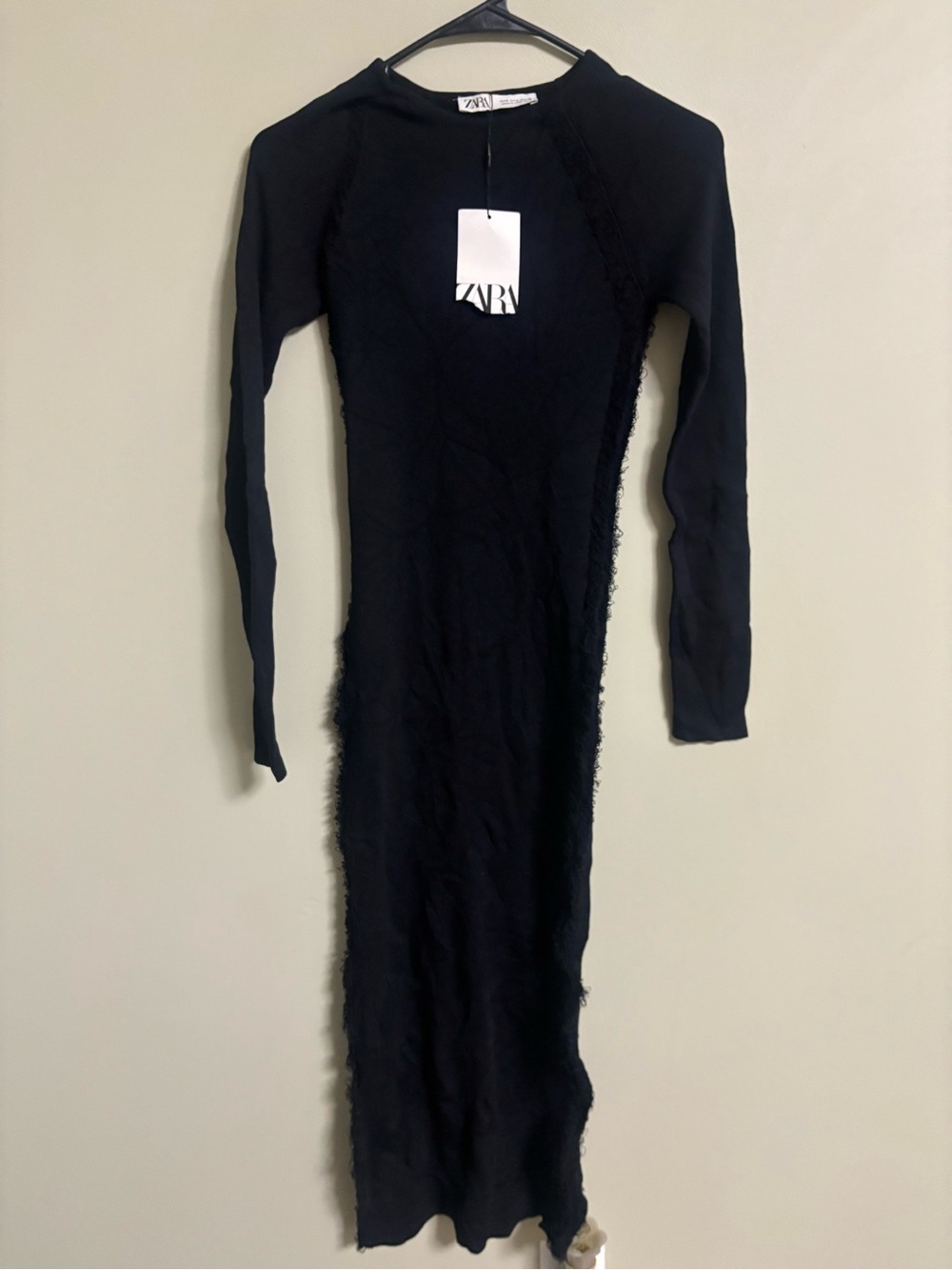 Zara Black Midi Bodycon Long Sleeve Dress Size Small 4-6 Fringe Detail New